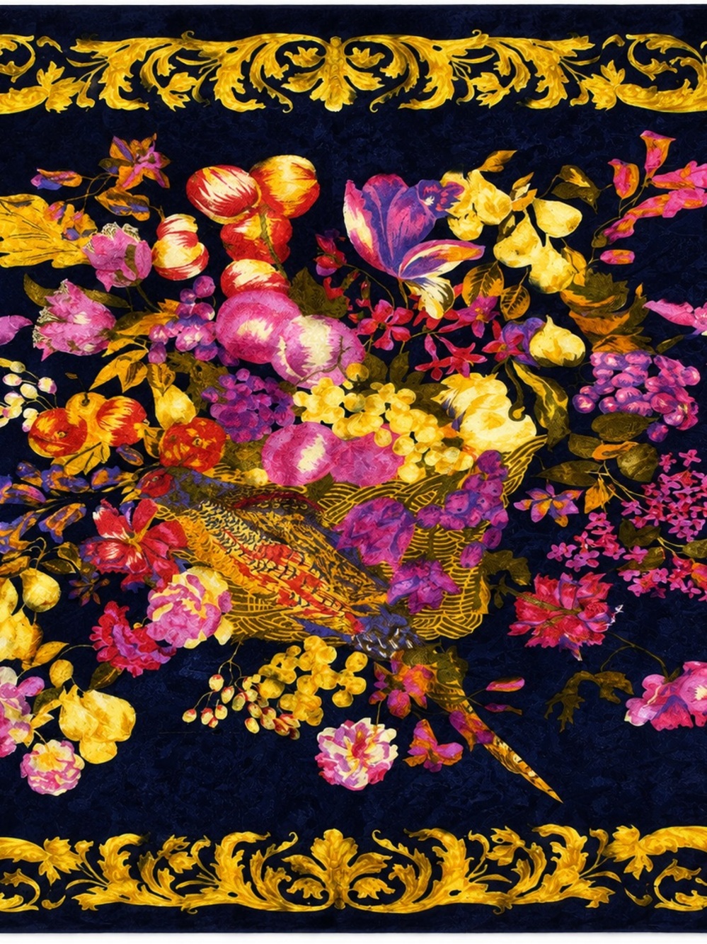 Vintage Italian Style Baroque Floral Bird Scarf 90x90 Navy Gold